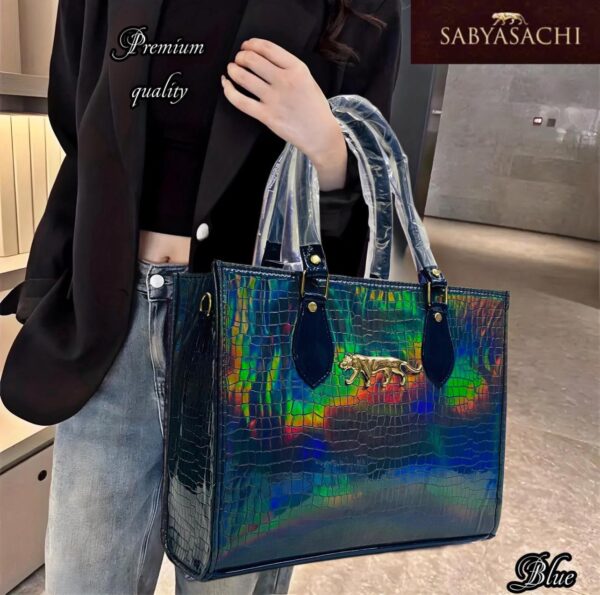 Sabyasachi Premium Holographic Blue Crocodile-Embossed Tote Bag