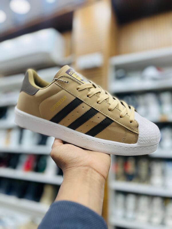 Adidas Superstar Style Sneakers (Tan/Black Stripes)